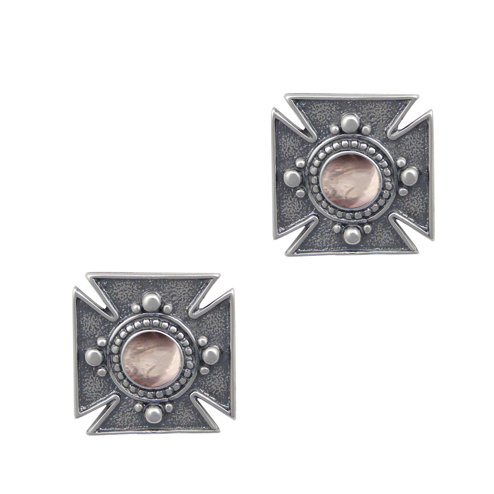 Sterling Silver Small Iron Cross Post Stud Earrings With Rose Quartz